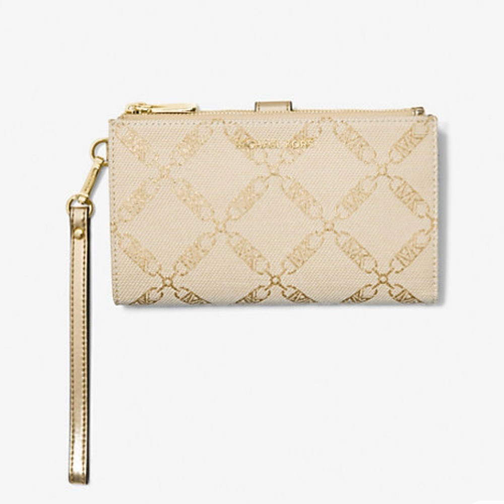 Michael Kors Adele Metallic Gold Empire Logo Jacquard Smartphone Wallet NEW